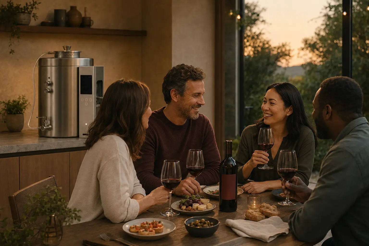 Cuatro personas compartiendo un vino creado con Winemaker